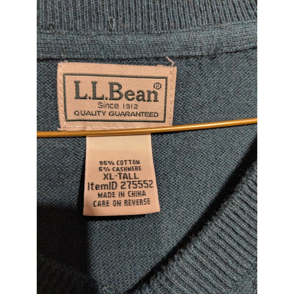 L.L.Bean Sweater Mens XL Tall Teal Green V Neck Cotton Cashmere Blend Pullover - Picture 4 of 14